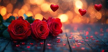 A close up of three red roses on a wooden table with a background of red hearts. The roses are surrounded by a scattering of red confetti, giving the impression of a romantic and festive atmosphere photo