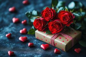 A box of red roses sits on a table with a pile of heart-shaped confetti. Concept of love and celebration, as the roses and confetti are often associated with Valentine's Day photo