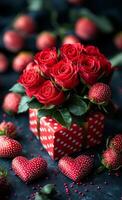 A red box with a heart on it is filled with red roses and strawberries. The strawberries are scattered around the box and the roses are arranged in a way that they look like they are hugging the box photo