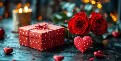 A red box with a heart on it sits on a table with two red roses. The scene is romantic and festive, with the box and roses symbolizing love and affection. The candles in the background add to the warm photo