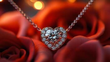 A heart pendant with diamonds is on a red background. The pendant is the main focus of the image, and the red background adds a sense of warmth and intimacy to the scene photo