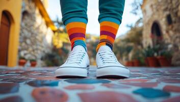 A person wearing colorful socks and white shoes stands on a brick walkway. The person is standing in front of a building with a yellow door photo