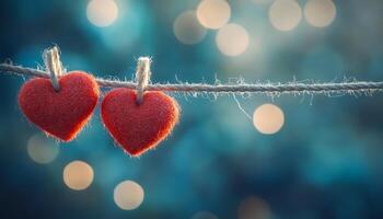 Two red hearts hanging on a string. The string is hanging from a blue background. The hearts are close to each other and are the main focus of the image photo
