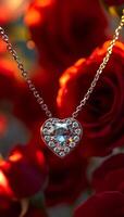 A heart pendant with diamonds is set in a red rose. The pendant is surrounded by red roses, creating a romantic and elegant atmosphere photo