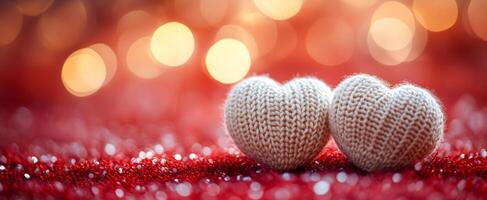 Two white knit hearts on a red background. The hearts are placed close to each other, creating a sense of unity and love. The red background adds a warm and passionate touch to the scene photo