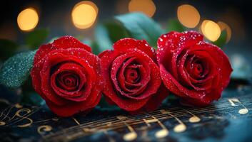 Three red roses are sitting on a sheet of music notes. The roses are surrounded by a blurry background, giving the image a dreamy, romantic feel. The music notes add a sense of elegance photo