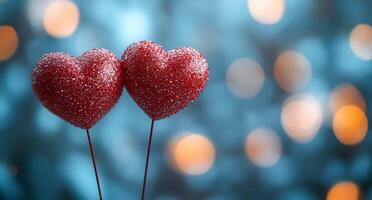 Two red hearts are on a blue background. The background is blurry and has a lot of light photo