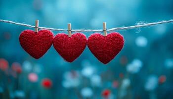 Three red hearts are hanging on a clothesline. The hearts are close together and are hanging in the air. The scene is peaceful and serene, with the blue sky and the flowers in the background photo