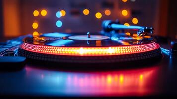 A record player with a red and yellow rim. The light on the record player is on and the record is spinning photo