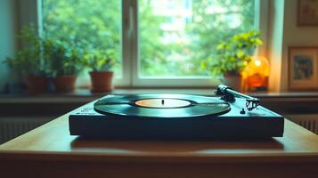 A record player sits on a table next to a window. The room is filled with plants and a lamp photo