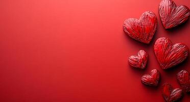 A red background with a bunch of hearts on it. The hearts are all different sizes and are scattered around the background. Scene is one of love and affection photo