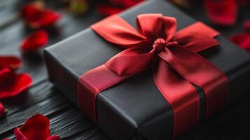 A black box with a red ribbon on top of it. The box is decorated with red ribbon and has a bow on top. The box is placed on a wooden surface photo