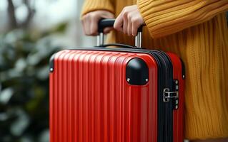 A woman is holding a red suitcase with a yellow sweater on. The suitcase is black and red with a silver handle photo