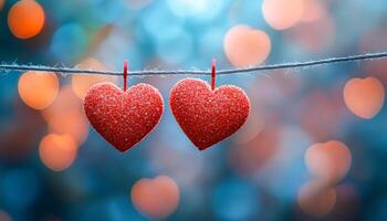 Two red hearts hanging on a string. The hearts are close to each other and are hanging from a rope. The scene is blurry and has a romantic feel to it photo