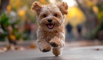 A small dog is running on a sidewalk, with its tongue out and a big smile on its face photo