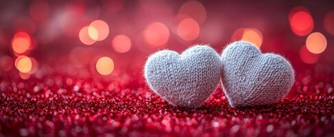 Two white hearts are placed on a red background. The hearts are surrounded by a red and white pattern. Concept of love and warmth photo