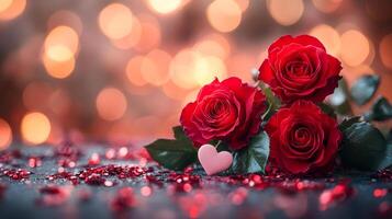 Three red roses are arranged on a table with a heart-shaped object in the middle. The roses are surrounded by glitter, giving the scene a romantic and festive feel photo