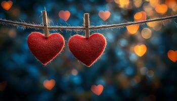Two red hearts hanging on a clothesline. The hearts are close to each other and are hanging on a clothesline photo