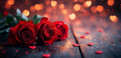 A bouquet of red roses is placed on a wooden table with a heart-shaped pattern. The roses are arranged in a way that they look like they are floating on the table photo