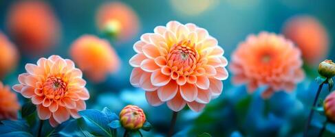 A bouquet of orange flowers with green leaves. The flowers are in a field with a blue sky in the background photo