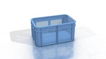 3D Plastic Crate on a White Reflective Floor Zooming Towards the Camera. 4K video