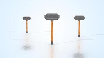 3D Stylized Hammers with Curved Wooden Handles on a Reflective Floor. 4K video