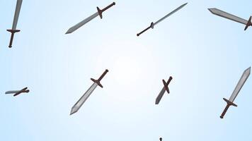 Stylized Swords Falling on a Light Blue Background. 3D Sword with Wooden Handle. 4K video