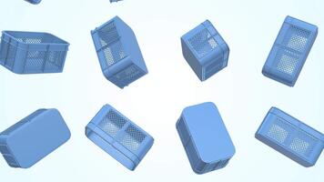 Plastic Crates Falling on a Light Background. Plastic Boxes 3D Animation. 4K video
