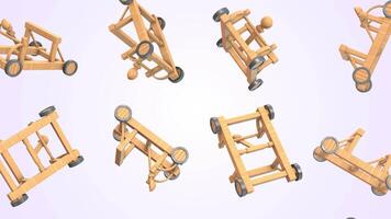 Stylized Catapults Falling on a Light Background. 3D Catapult Animation. 4K video