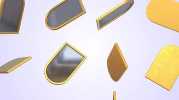 3D Mirror with a Golden Frame Falling on a Light Background. 3D Mirror Animation. 4K video