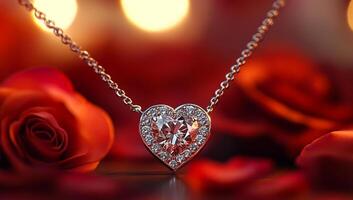 A heart pendant is set in a red rose petal. The pendant is made of gold and diamonds and is set in a silver chain. The rose petal is a deep red color and adds a touch of elegance to the pendant photo