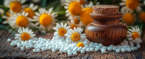 A jar of pills is on a table with a bunch of daisies. The jar is brown and the daisies are white photo