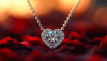 A heart pendant with diamonds is on a red background. The pendant is the main focus of the image, and the red background adds a sense of warmth and passion to the scene photo