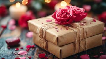 A brown box with a pink rose on top of it. The box is covered in pink confetti and has a heart on the bottom photo