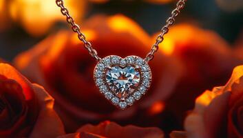 A heart shaped pendant with diamonds is set on a red rose. The pendant is the main focus of the image, and the rose serves as a beautiful and elegant background. The combination of the heart photo