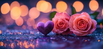 A heart and two pink roses are placed on a table. The arrangement creates a romantic and elegant atmosphere photo
