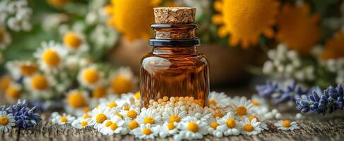 A bottle of essential oil is placed on a table with a bunch of flowers. The bottle is brown and has a cork stopper. The flowers are yellow and white, and they are scattered around the bottle photo