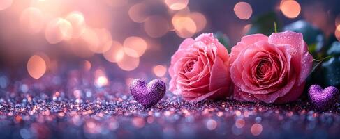 A close up of two pink roses with a heart in the background. The heart is purple and is placed in the center of the image. The roses are surrounded by glitter, giving the image a dreamy photo