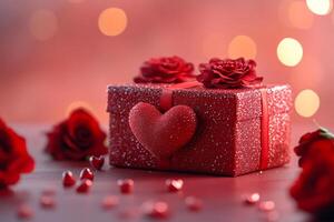 A red box with a heart on it sits on a table with red roses. The box is decorated with glitter and the roses are placed around it. Concept of love and romance, as the heart photo