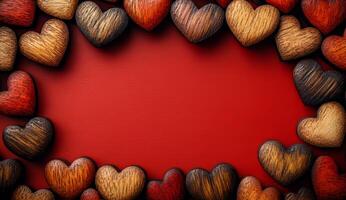A red background with a wooden frame of hearts. The hearts are of different colors and sizes. The frame is made of wood and the background is red photo