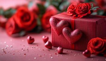 A red box with two hearts on it is surrounded by red roses. The roses are scattered around the box, with some on the ground and others on the box itself. Scene is romantic and festive photo