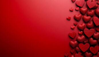 A red background with a bunch of hearts on it. The hearts are all different sizes and are scattered around the background. The image has a romantic and playful mood photo