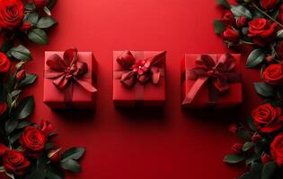Three red boxes with red bows on them are surrounded by red roses. The boxes are placed in a row, with the middle one slightly larger than the other two. The roses are arranged around the boxes photo