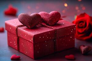 A red box with hearts on it sits on a table. A rose is placed next to the box photo