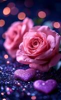 A pink rose is surrounded by glitter and a heart. The glitter and heart add a romantic touch to the image photo