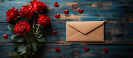 A wooden table with a brown envelope and a bunch of red roses. The roses are arranged in a vase and are placed around the envelope. Concept of love and romance, as the roses are a symbol of affection photo
