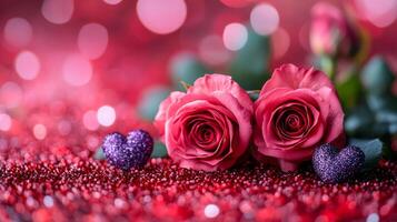 A pair of red roses are placed on a red background with glitter. The roses are surrounded by hearts, which adds a romantic touch to the scene. The glitter and the red color scheme create a warm photo