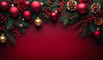 A red background with a bunch of red and gold ornaments. The red background is the main focus of the image photo