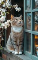 A cat is sitting on a window sill looking out at the flowers. The cat is looking at something outside, but it is not clear what it is. The scene is peaceful and calm photo