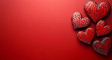 A red background with five hearts on it. The hearts are red and have a black border. Concept of love and warmth photo
